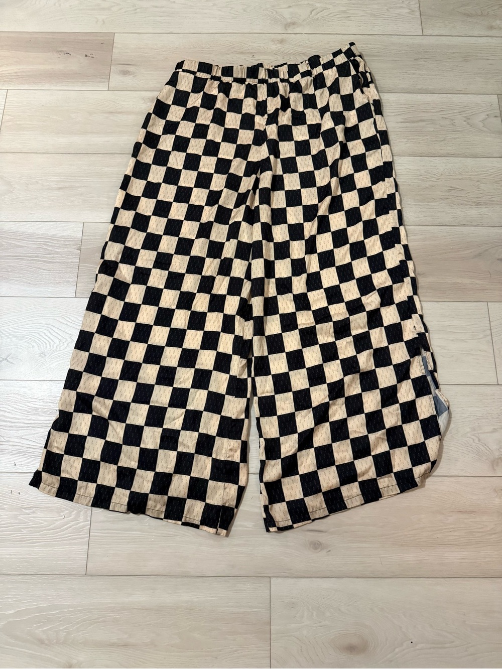 Plush - REAL SILK Black and Cream/Gold Checkered Wide Leg Pajama Pants